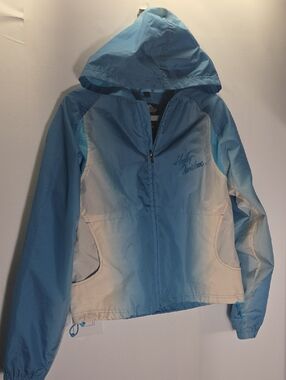 Harley-Davidson Y2K womens Ombre Light Blue and White Hooded Rain Jacket Size L